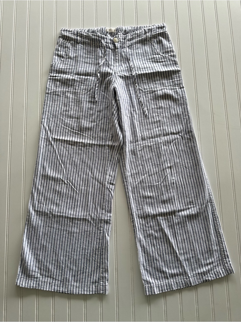 Just Living Linen/Cotton Blend Wide-Leg Striped Drawstring Pants